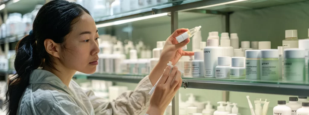 a person gently applying a nourishing serum on their radiant and firm skin, surrounded by shelves filled with specialized skincare products for post-recovery treatment.