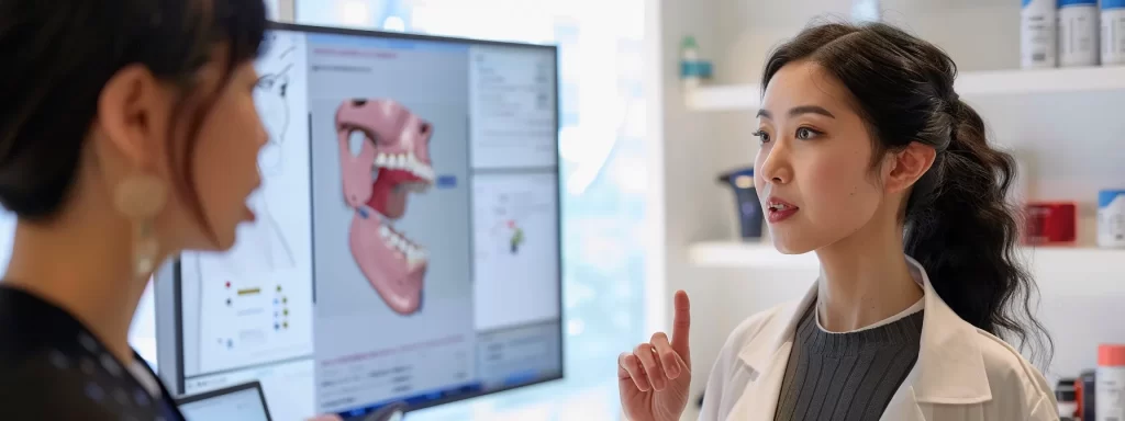 a person in a consultation room discussing non-surgical jawline treatment options with a doctor, pointing at a jawline diagram on a digital screen.
