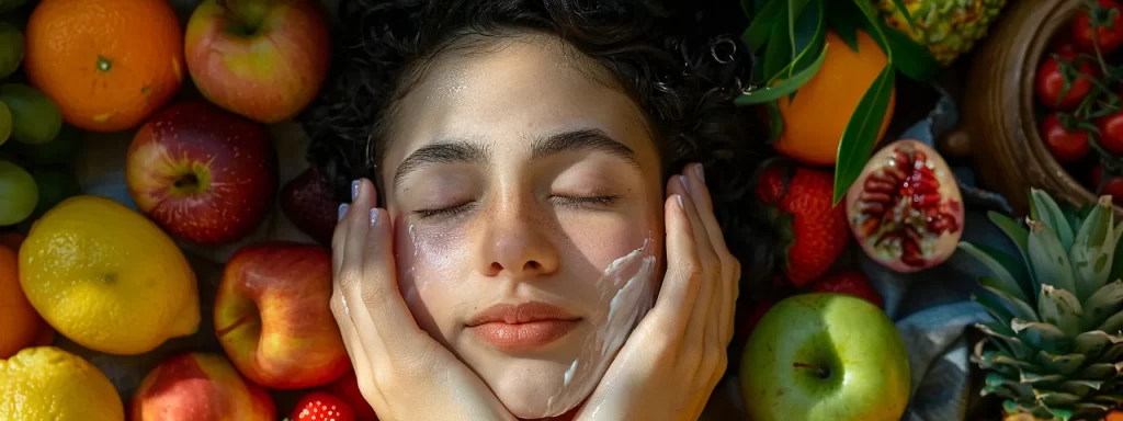 a person lying down with their head elevated, gently applying a cold compress to their face while surrounded by healthy, nutrient-rich foods to support optimal healing.