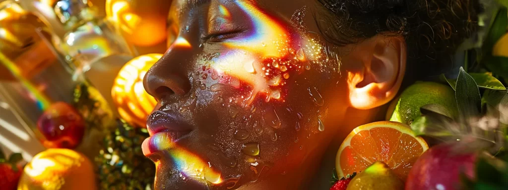 a person receiving a laser treatment, their skin glowing and rejuvenated, surrounded by a luxurious skincare regimen and healthy lifestyle elements like fresh fruits and a water bottle.