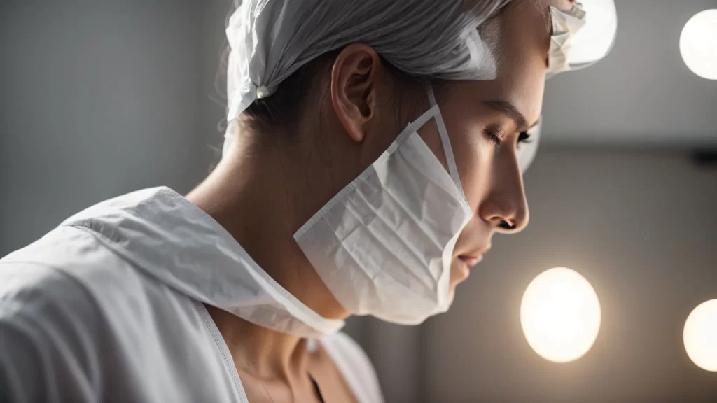 a person with a bandaged neck following laser surgery, engaging in healthy lifestyle practices such as eating nutritious food and practicing good wound care routines.