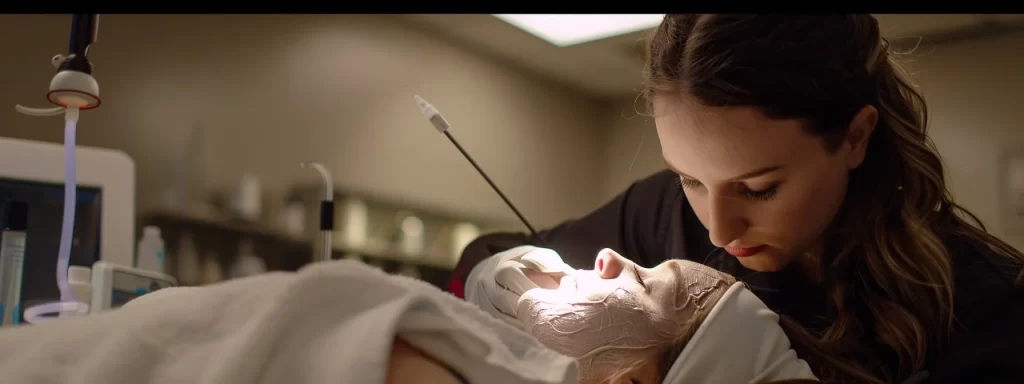 a professional aesthetician delicately administers a microneedling rf treatment, creating micro-wounds on the skin to promote cell regeneration and enhance healing, while the client's rejuvenated eyelid area shines in the background.