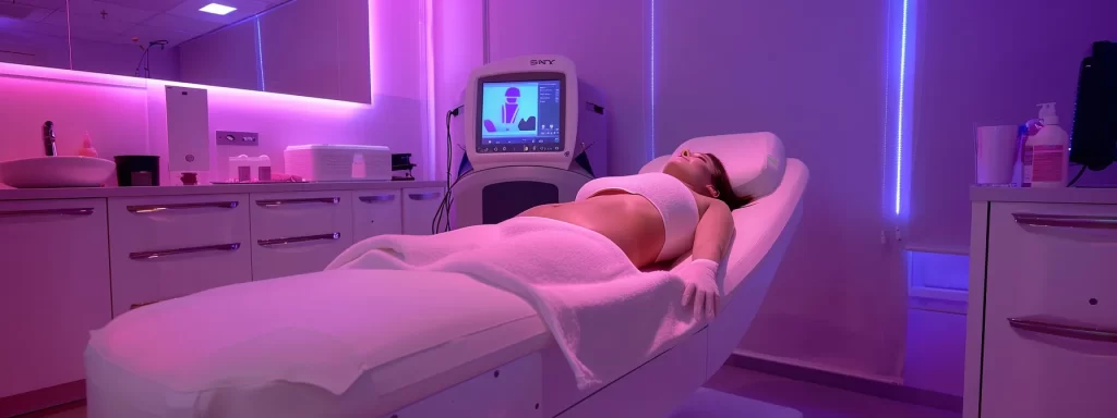 a professional skincare clinic room with a glowing laser device focusing on a woman's abdomen, tightening her skin and enhancing collagen production.