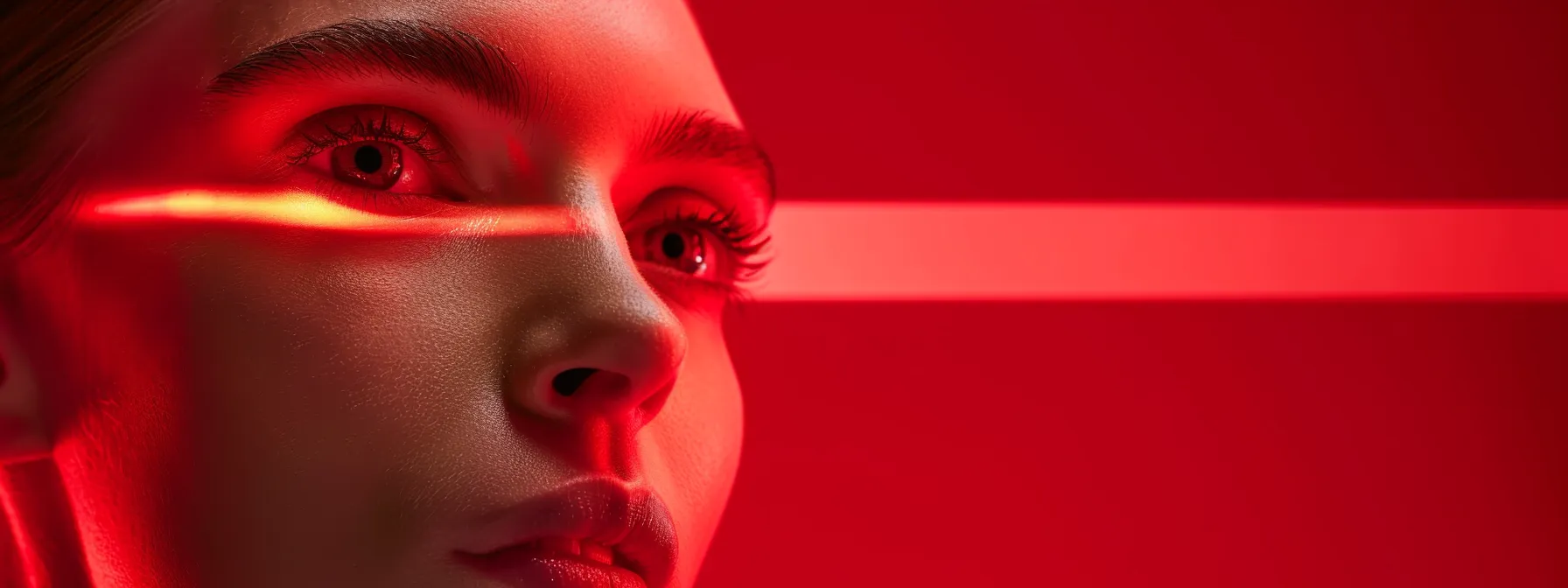a radiant woman's face glowing with smooth, wrinkle-free skin under comforting red laser light.