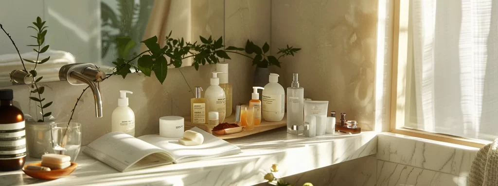 a serene bathroom counter filled with luxurious skincare products, a healthy smoothie, and a planner open to a follow-up treatment appointment, all bathed in natural sunlight.