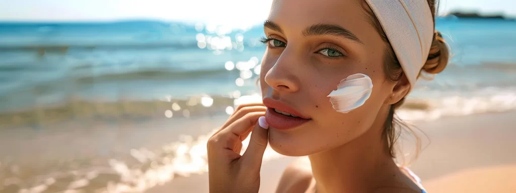 a serene beach with a young woman applying natural sunscreen to her glowing, youthful skin.