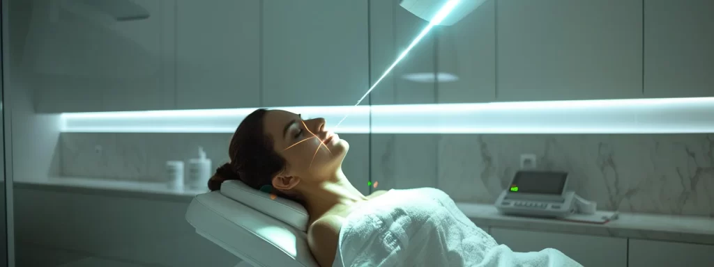 a serene clinic room with a beam of focused laser light targeting the neck area, highlighting the precision and effectiveness of the treatment process.
