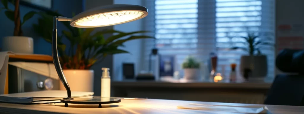 a serene clinic room with a magnifying lamp illuminating the delicate, rejuvenated gaze of a patient undergoing a non-surgical eye lift procedure.