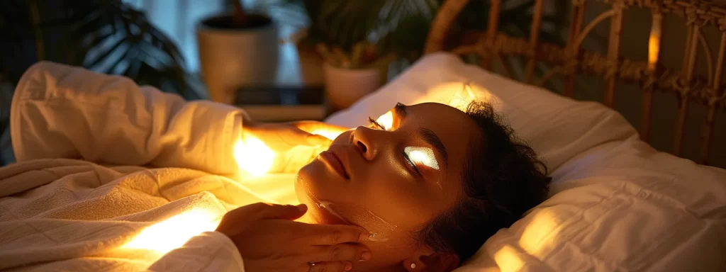 a serene, dimly lit room with a person gently applying soothing gel to their newly tightened eyelids, surrounded by soft pillows and comfort items for a peaceful recovery after a plasma pen treatment.