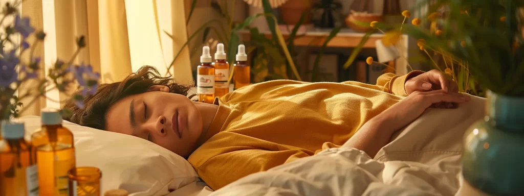 a serene image of a person peacefully sleeping, surrounded by bottles of vitamins and soothing skincare products to aid in their post-procedure recovery from a pdo thread lift.