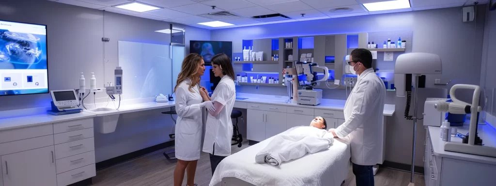 a serene room with a patient consulting with a specialist, discussing laser eye rejuvenation options and setting realistic expectations for the procedure.