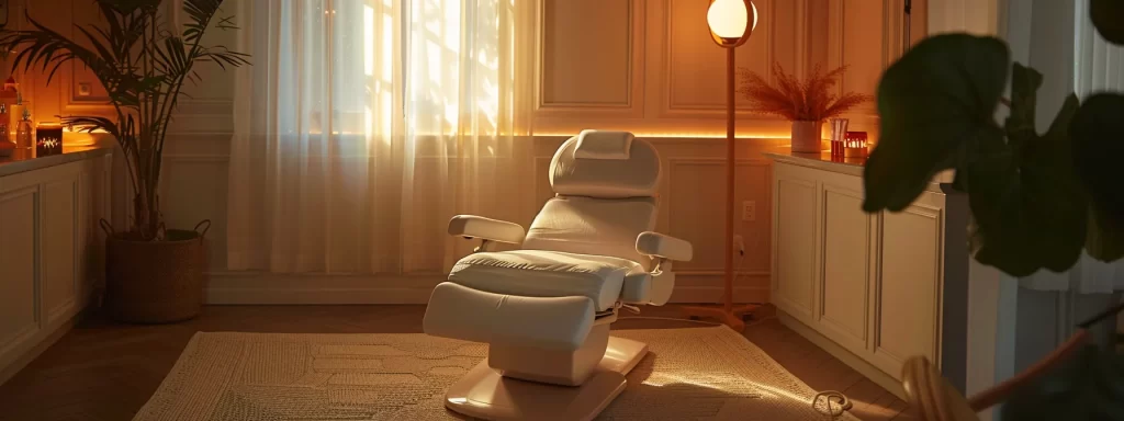 a serene room with soft lighting, a comfortable chair, and a gentle face mask application to help in the recovery process after a pdo thread lift.