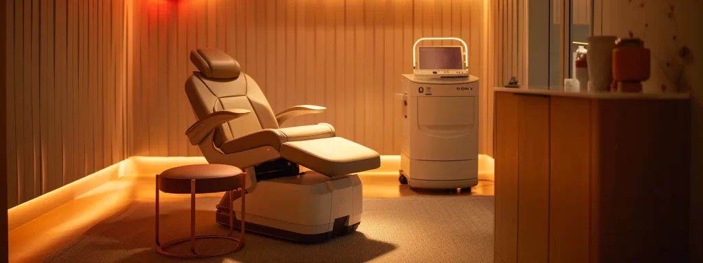 a serene treatment room bathed in soft light, with a specialized laser machine positioned next to a comfortable chair, showcasing a sense of preparation and anticipation for a skin tightening procedure.