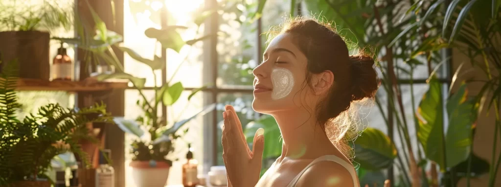 a serene woman with radiant, firm skin enjoying a skincare routine in a sunlit room surrounded by plants and natural beauty products.