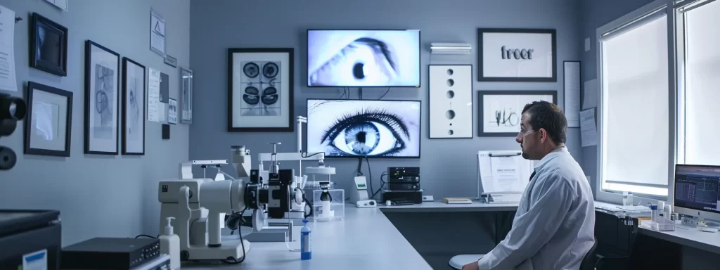 a skilled, board-certified specialist carefully examining before-and-after photos of laser eye rejuvenation on a bright, sterile consultation room.