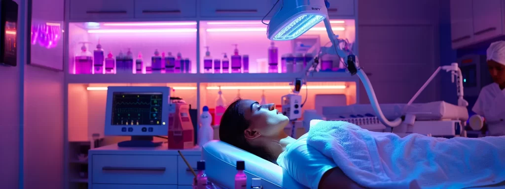a skilled practitioner carefully adjusts the laser equipment settings for skin tightening, surrounded by various types of advanced technology in a modern clinic setting.
