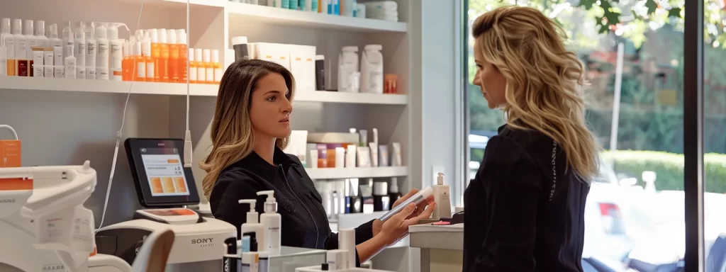 a skincare professional discussing laser treatment options with a client, surrounded by various skincare products and equipment in a bright, modern clinic.