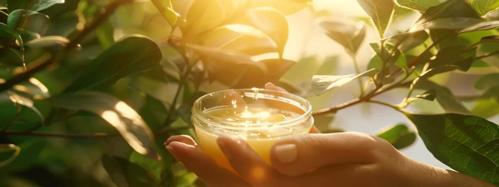 a soothing balm being gently applied to a healing skin, with soft sunlight filtering through a leafy canopy in the background, emphasizing the importance of aftercare practices for optimal healing after plasma pen therapy.