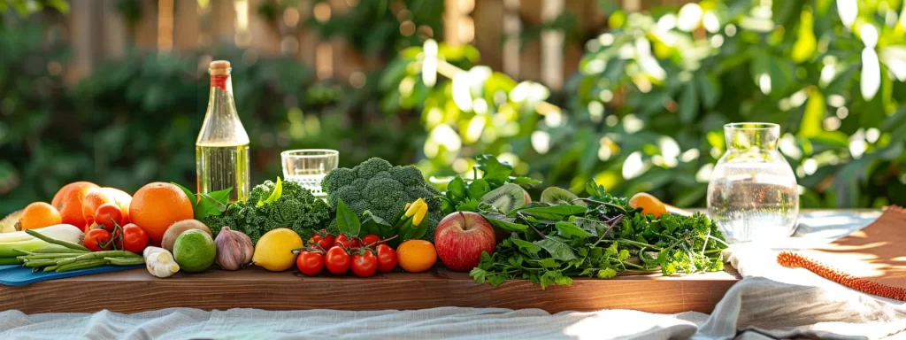 a vibrant assortment of fresh fruits and vegetables, a glass of water, a cozy bed, a yoga mat, and a sunny park setting, all showcasing elements crucial for maintaining skin firmness and health.