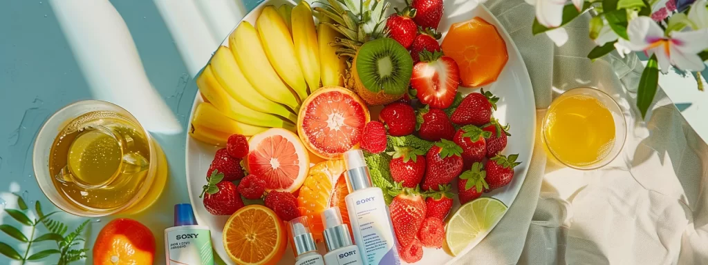 a vibrant plate filled with colorful fruits and vegetables arranged next to a tall glass of water, surrounded by sunscreen bottles and a skincare consultation pamphlet.