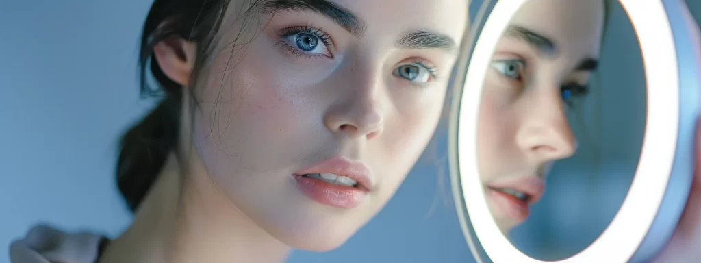 a woman admiring her rejuvenated and tightened eyelids in the mirror, showcasing the long-lasting effects of plasma pen treatment.