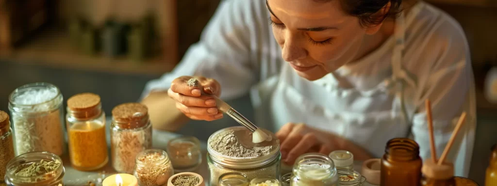 a woman applying a homemade skin mask, surrounded by jars of natural ingredients and essential oils, creating a soothing and rejuvenating atmosphere for a diy spa treatment.