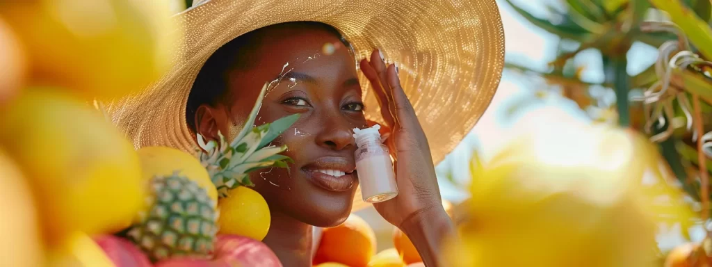 a woman applying sunscreen to her face under the shade of a large sun hat, surrounded by colorful fruits and a bottle of water, with a gentle smile reflecting her commitment to maintaining skin health.