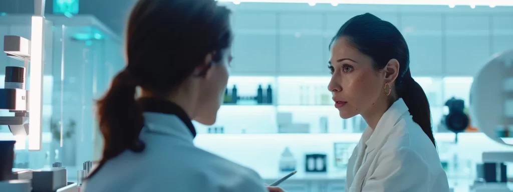 a woman consulting with a dermatologist, examining her skin closely under bright lights in a modern clinic setting.