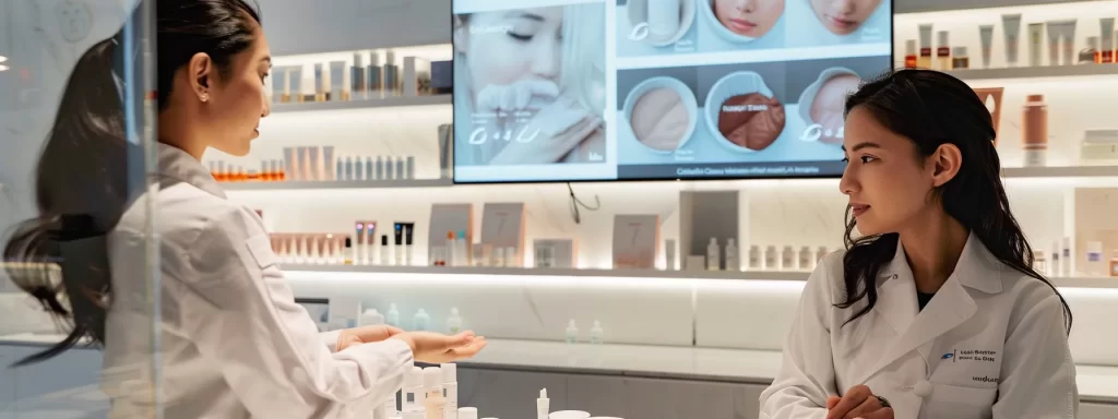 a woman consulting with a dermatologist in a sleek, modern clinic, surrounded by various skincare treatment options and charts.