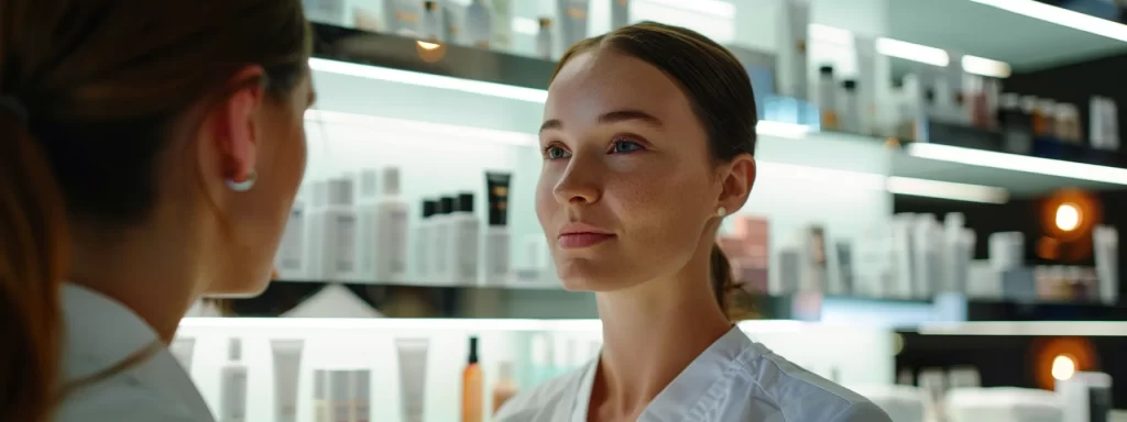 a woman consulting with a skincare professional, surrounded by various skin tightening treatment options, showcasing a thoughtful and personalized approach to aesthetic goals.