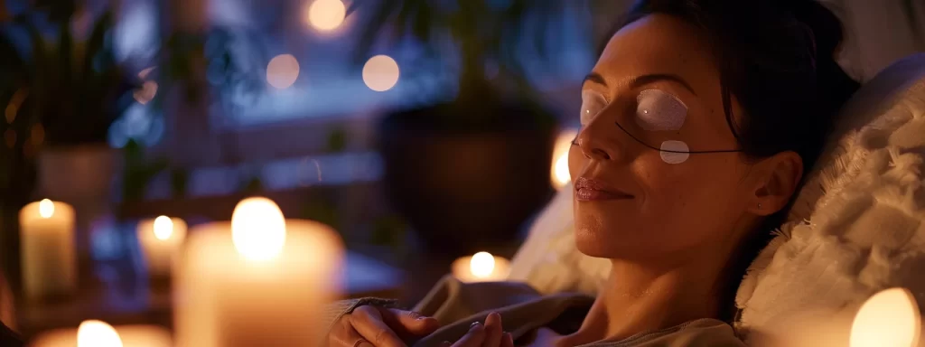 a woman gently applying cooling eye patches while sitting comfortably in a cozy room post non-surgical eye lift treatment, surrounded by soothing candles and soft music.