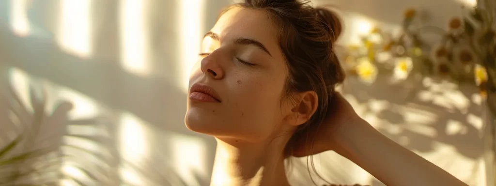 a woman gently stretching her neck muscles with a peaceful expression, surrounded by serene and soothing decor to create a comfortable environment for neck firming exercises.