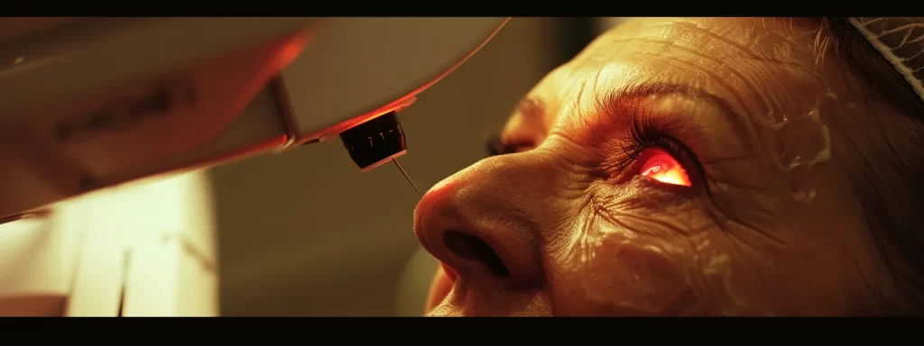 a woman receiving a botox injection to relax the muscles causing crow's feet, with a laser therapy machine in the background promoting skin renewal for radiant eye contours.