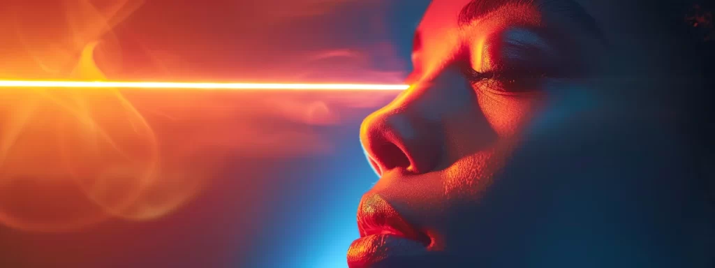 a woman receiving a laser skin tightening treatment, with a focused beam creating a glowing effect on her skin.