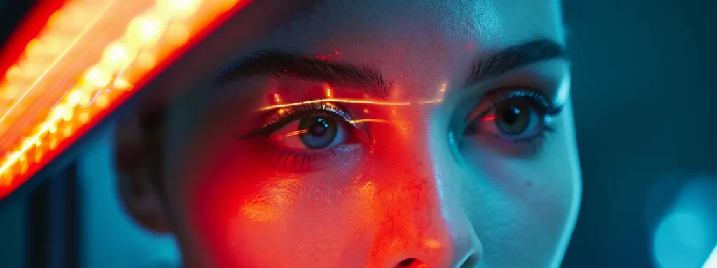 a woman receiving a non-surgical eye lift treatment, with bright lights from laser technology shining on her face, showcasing the latest skincare innovations.