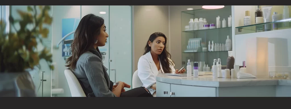 a woman sitting across from a skincare professional, discussing rejuvenation options and potential outcomes in a bright, modern consultation room.