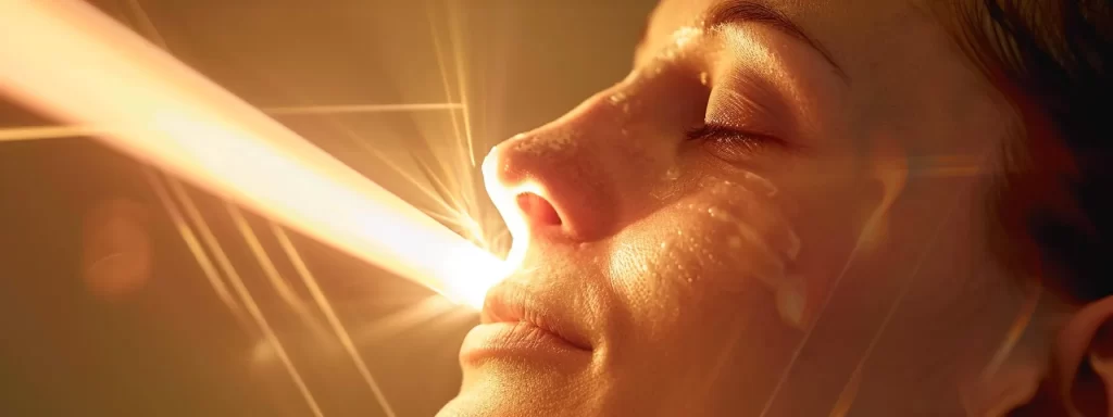 a woman undergoing a laser skin resurfacing treatment, with bright beams of light targeting her skin, enhancing texture and appearance.