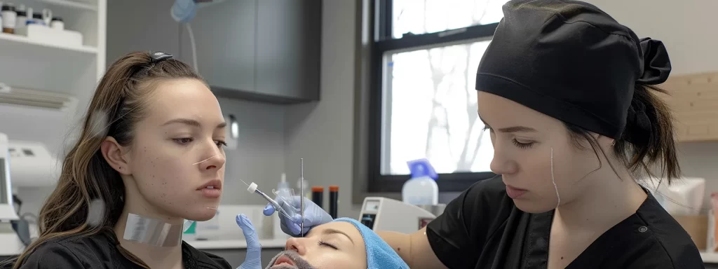 a woman with flawless skin receives rf microneedling treatment from a skilled professional in a modern clinic setting.
