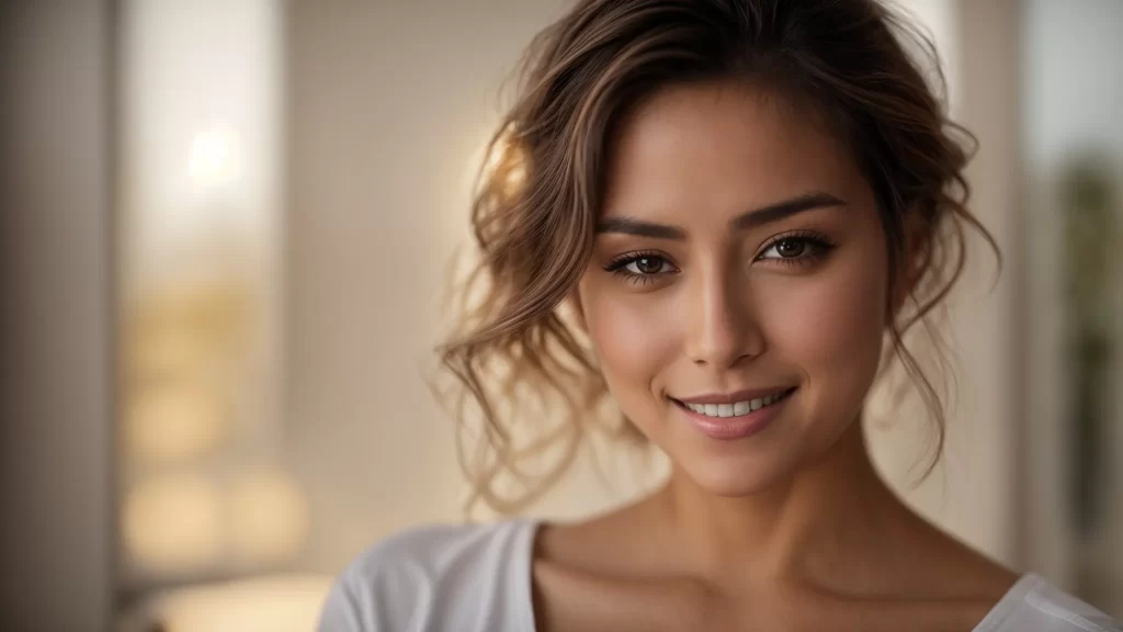 a woman with lifted, youthful eyelids smiling confidently after undergoing ultherapy treatment instead of surgery.