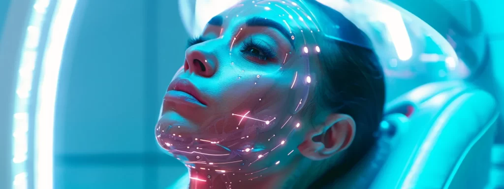 a woman with radiant skin receiving a non-surgical laser facelift, surrounded by glowing lights and futuristic technology.