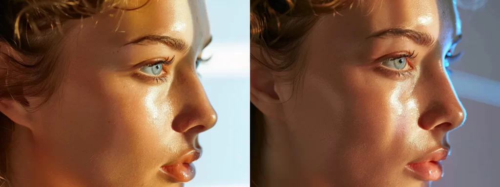 a woman with radiant, smooth skin undergoing a laser skin tightening treatment, showcasing the process of enhancing collagen and elastin production for ageless beauty.