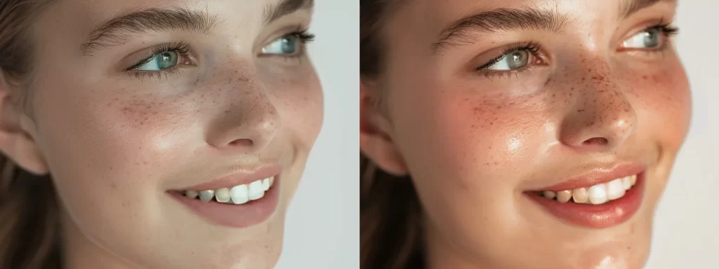 a woman with radiant, smooth skin and bright, youthful eyes smiles confidently after undergoing laser eye rejuvenation treatments.