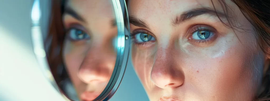 a woman with sagging eyelids looking into a mirror, contemplating her options for achieving a rejuvenated appearance through ultherapy.