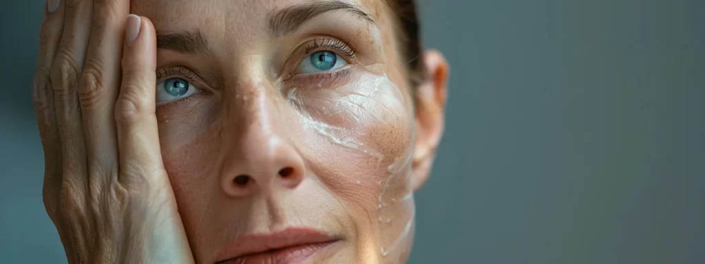 a woman with skin discoloration and scarring, looking concerned while touching her face after laser skin treatment.