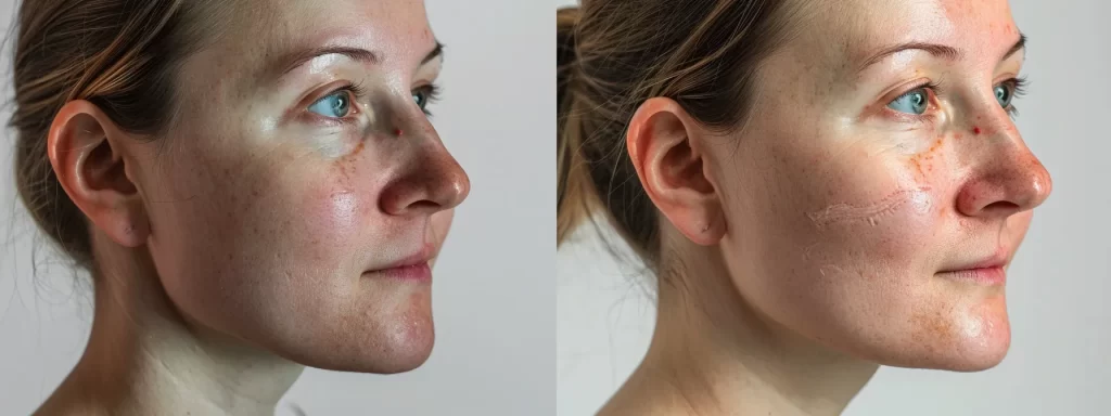 a woman with slightly red and swollen cheeks, displaying temporary discomfort after laser skin tightening treatment.