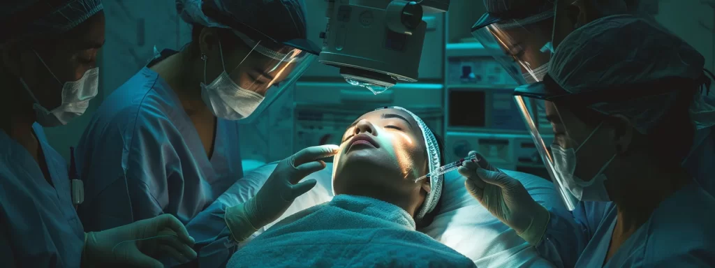 a woman with smooth, radiant skin undergoing laser treatment, surrounded by medical professionals ensuring her safety and comfort.