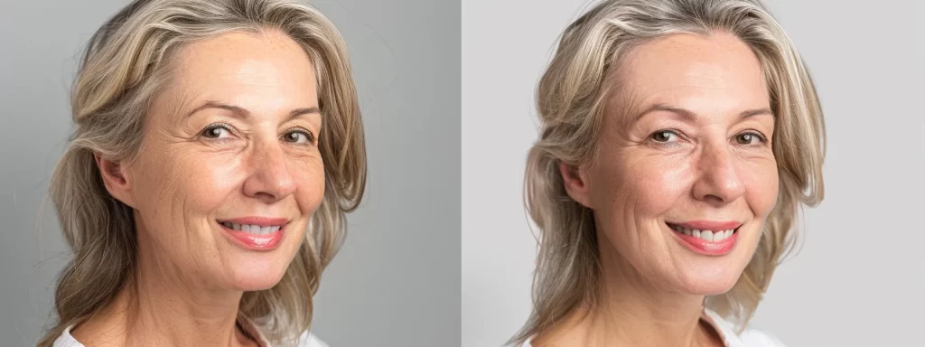 a woman with visibly tighter and rejuvenated neck skin, smiling confidently in a before-and-after comparison photo for laser therapy success stories.
