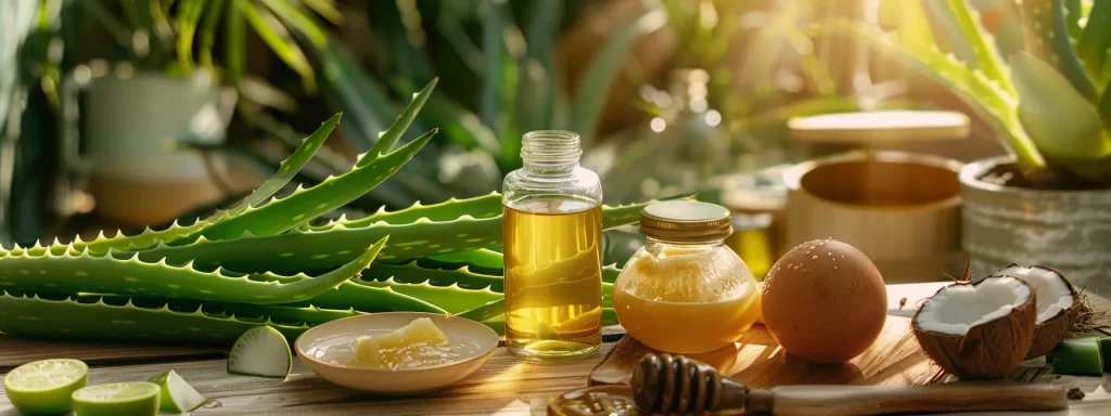 aloe vera plant leaves glistening with hydrating properties, surrounded by a pile of coconut oil jars, honey, eggs, and antioxidant-rich fruits.