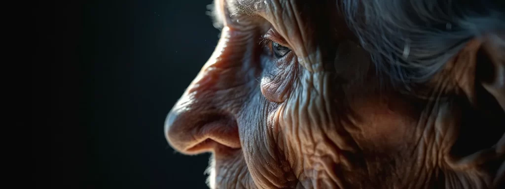 an elderly woman with soft, wrinkled skin gazes downward, showcasing the prominent sagging of her neck due to aging and gravity.