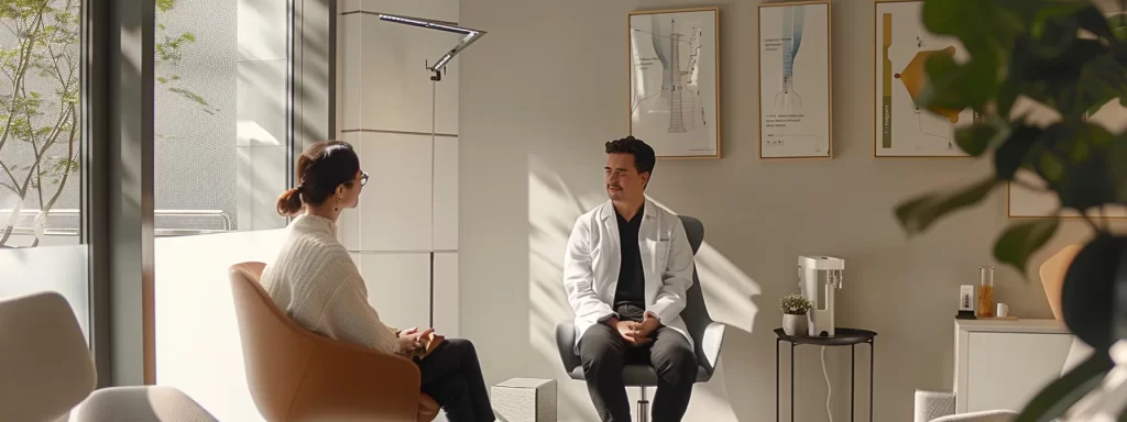 a calm individual sitting in a cozy consultation room, attentively listening to a doctor explain the process of an ultherapy session.